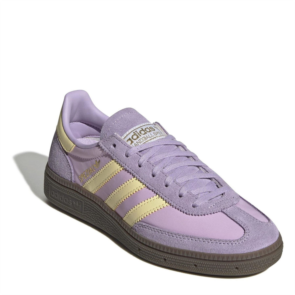 Juniors Handball Spezial suede shoes, lilac upper with yellow triple stripes and lace-up