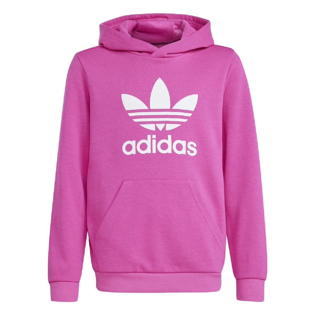 Pink junior trefoil hoodie with adidas trefoil graphic on chest