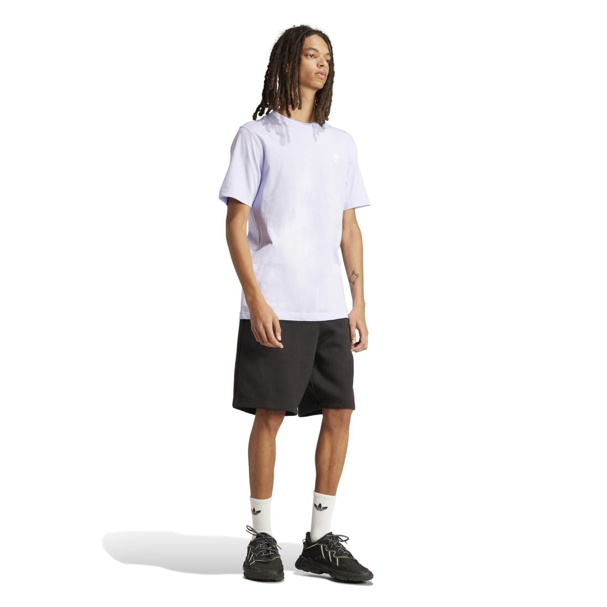 Light violet adidas Originals trefoil essentials t-shirt worn by model, short sleeves and crew neck