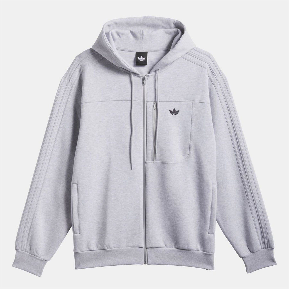 adidas Originals grey fleece zip-up jacket with hood, drawstrings, front pockets