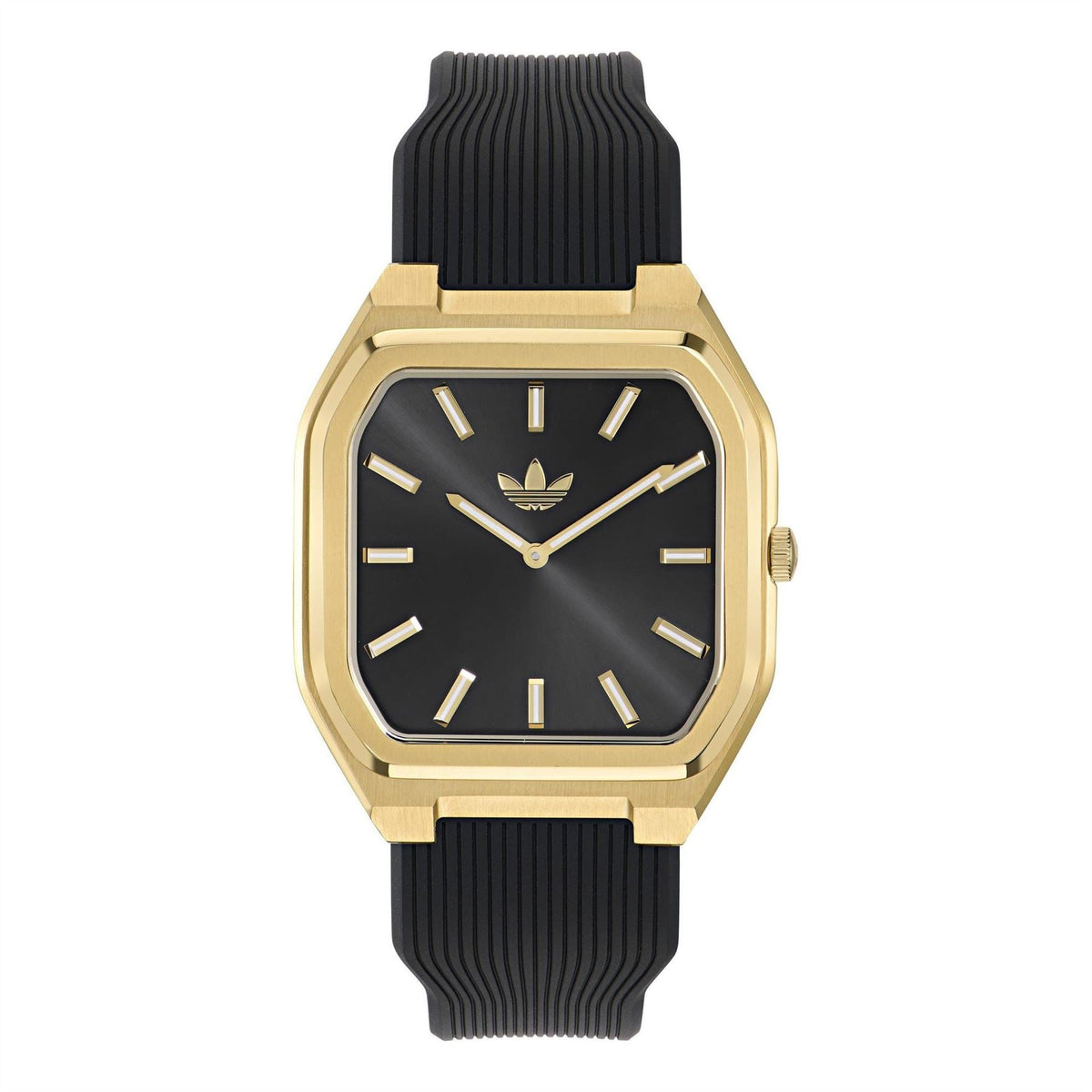 adidas Originals square watch, black dial with gold-tone case and ridged black silicone strap