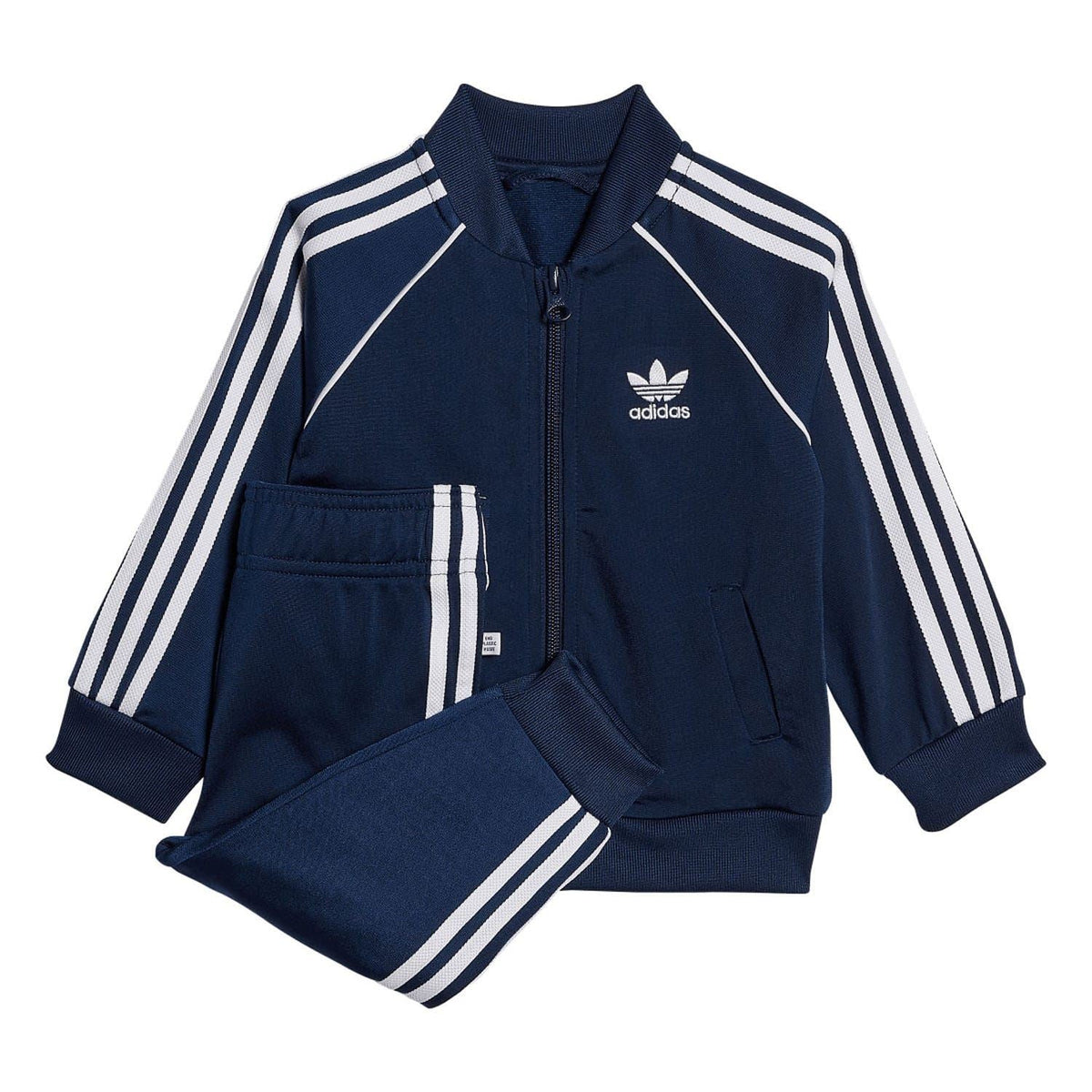 Infants navy adidas tracksuit with zip hoodie and joggers, 3-Stripes, logo.