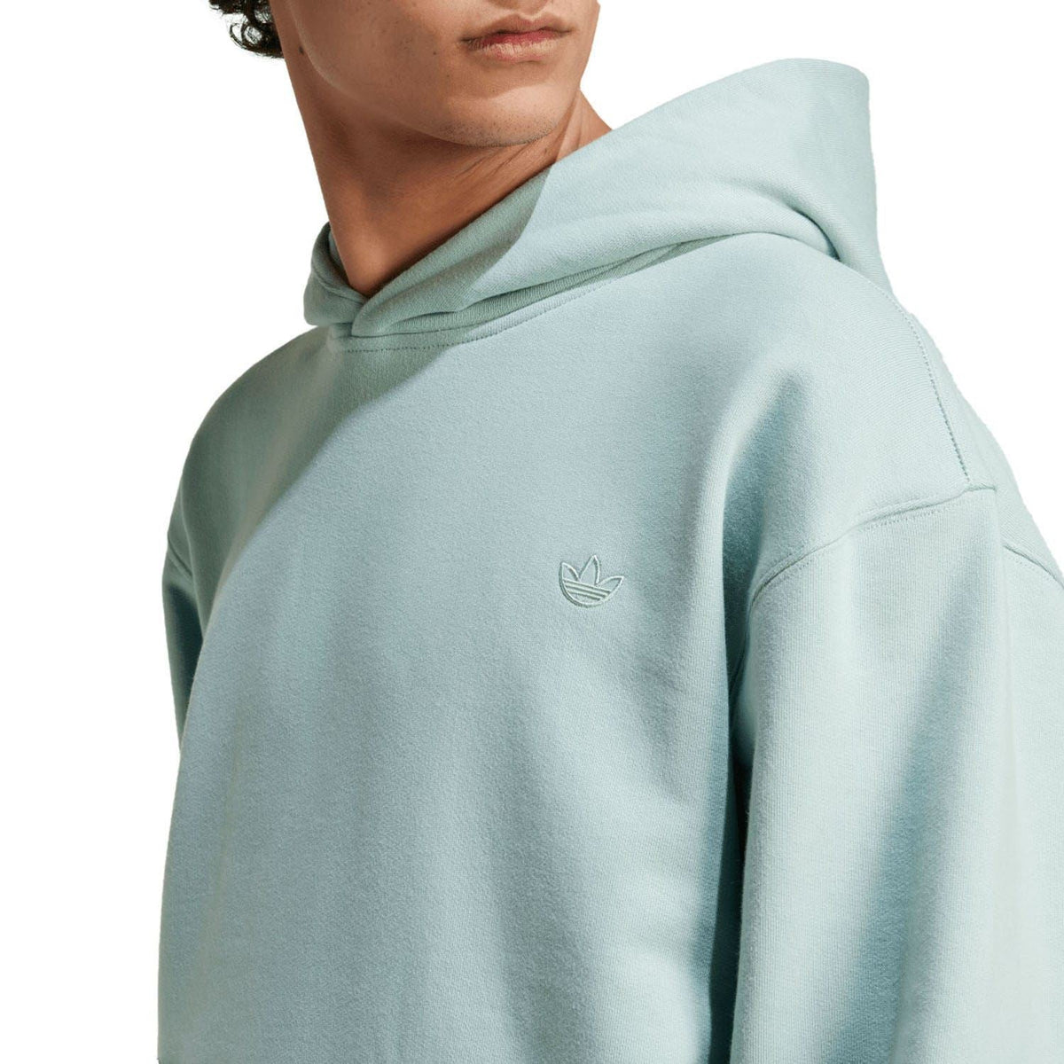 Mint green hoodie with small chest logo and attached hood