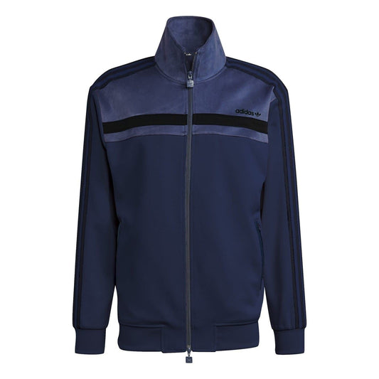 Navy Adidas Originals funnel neck athletic top with full-zip front and striped sleeves