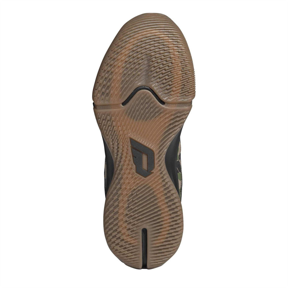 Trainer outsole with brown tread pattern and black midsole edge
