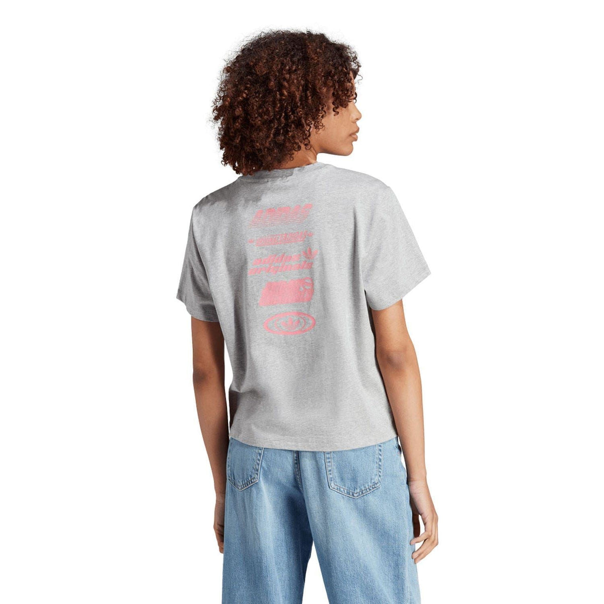Grey crew-neck T-shirt with pink back graphic logos