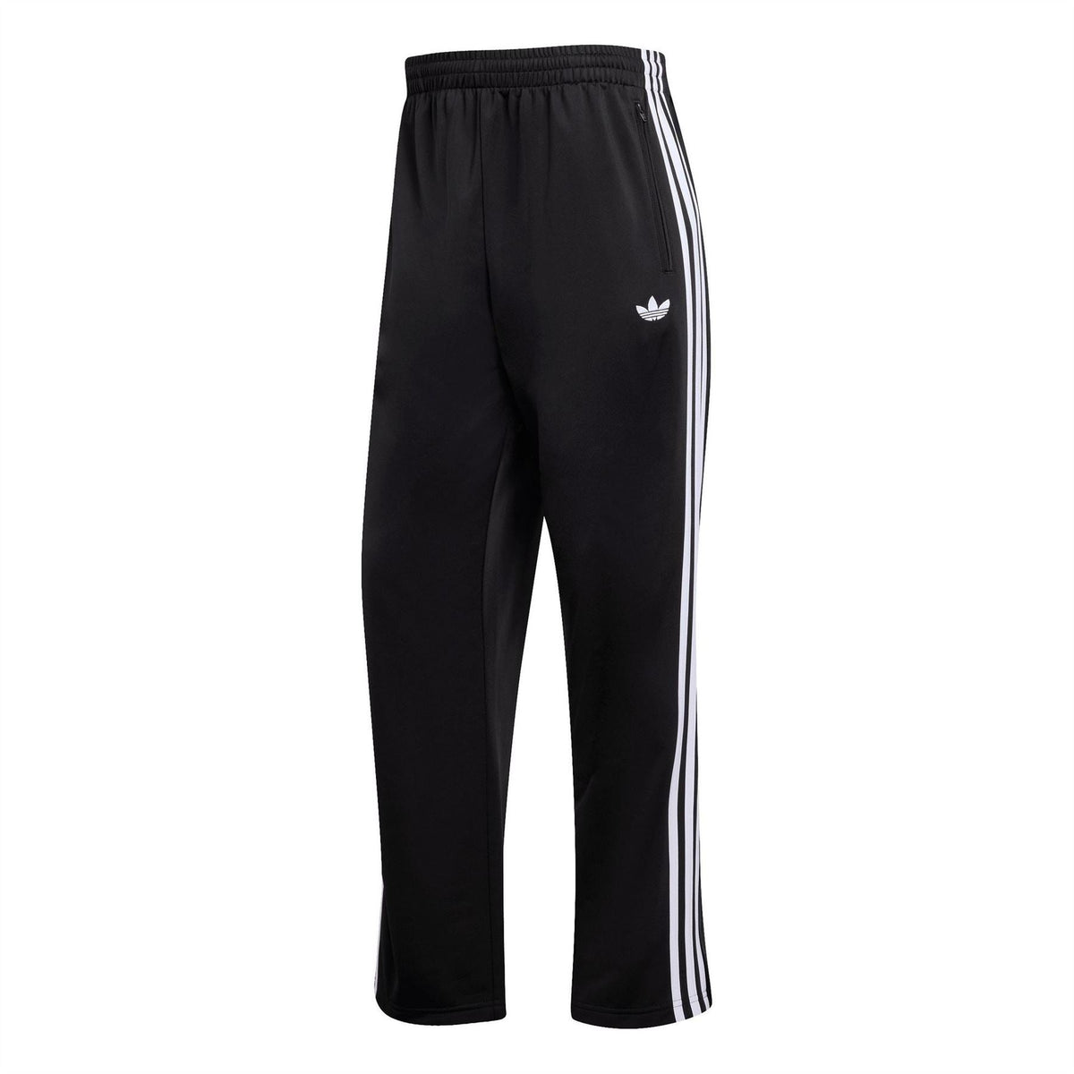 adidas men's woven track joggers in black, elastic waist, side stripe detail, trefoil logo