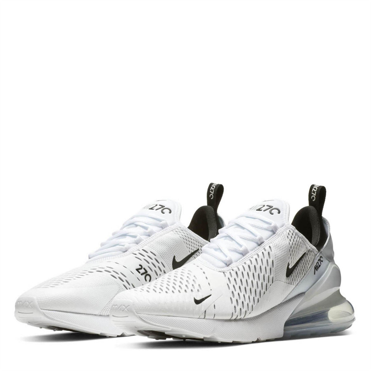 Air Max 270 trainers in white with black details and translucent light blue air unit
