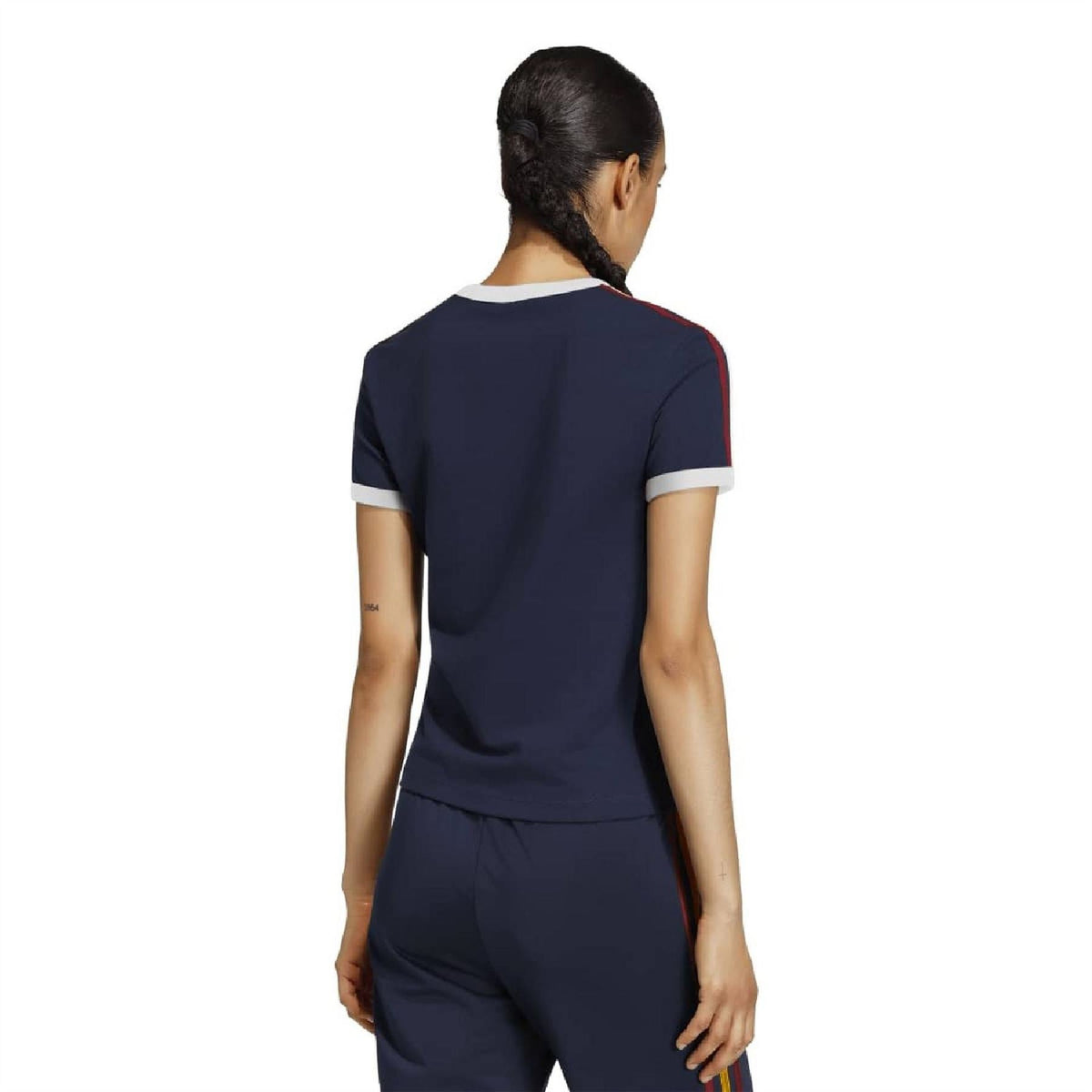 Navy slim t-shirt with crew neck and red-and-white stripe panel on upper back