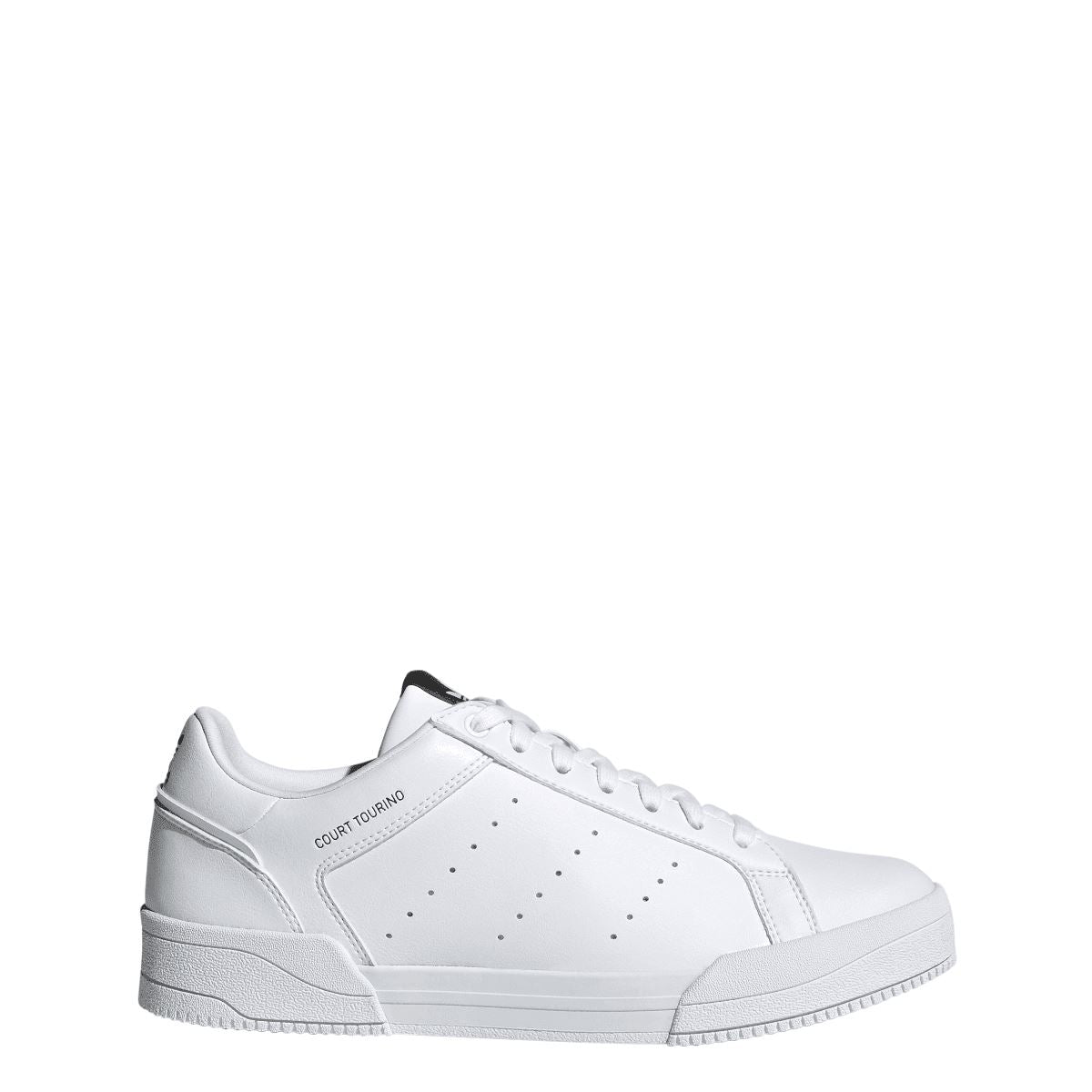 White adidas Originals Court Tourino trainers, side view with perforated detailing and rubber sole.