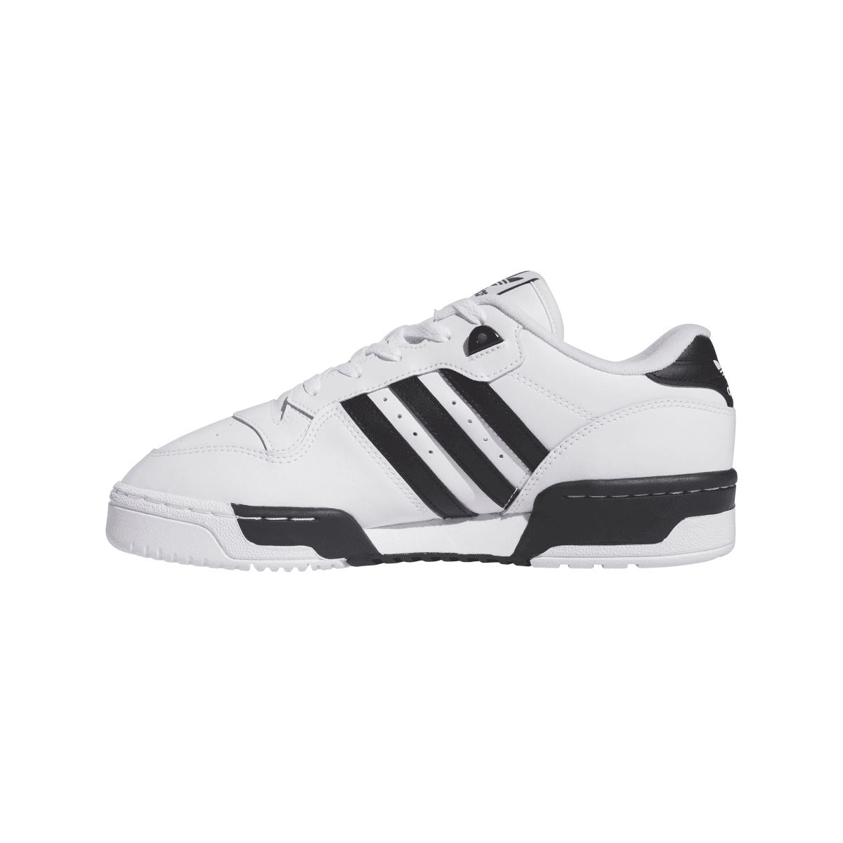 White low-top trainers side profile with black stripes and padded white midsole
