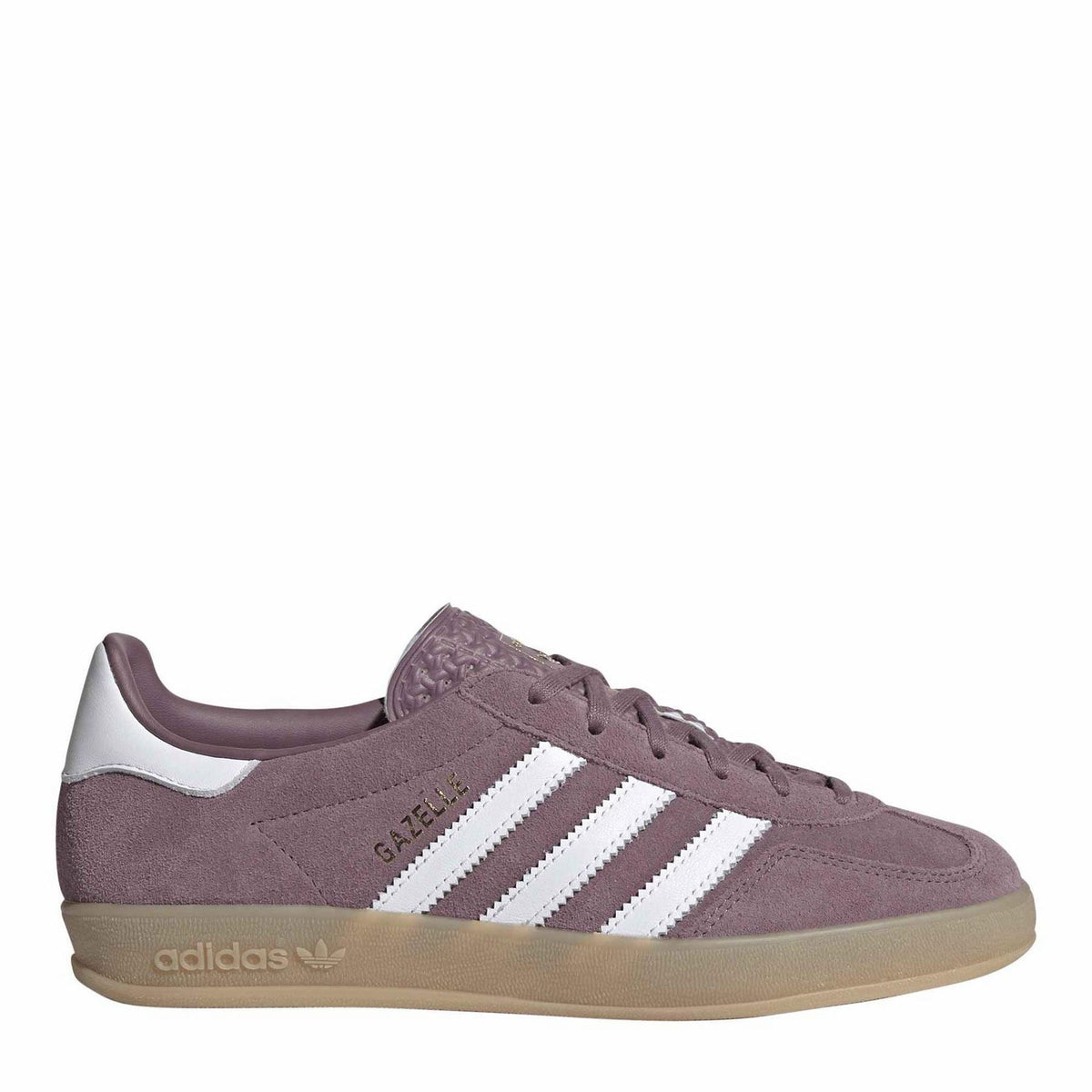 adidas Gazelle Indoor trainers in mauve suede with white triple stripes and gum sole
