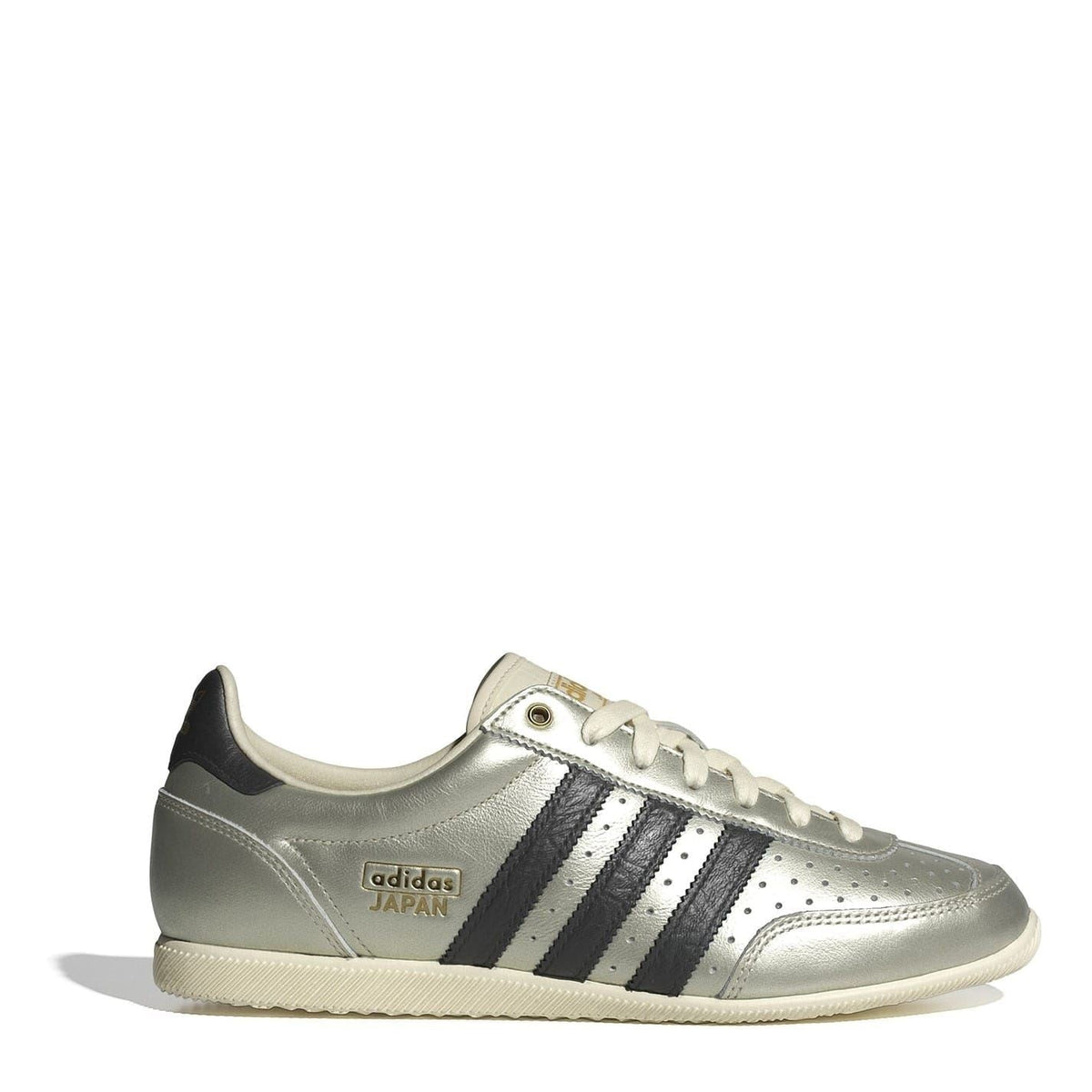 Leather Japan shoes with silver upper, black side stripes, lace-up