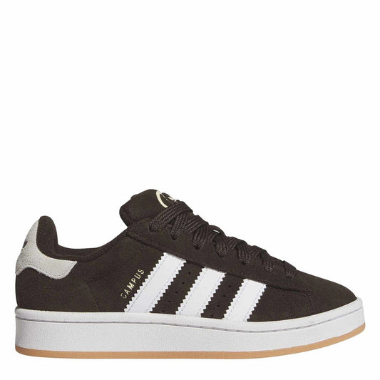 Dark brown suede low-top sneakers with white three-stripe panels and lace-up