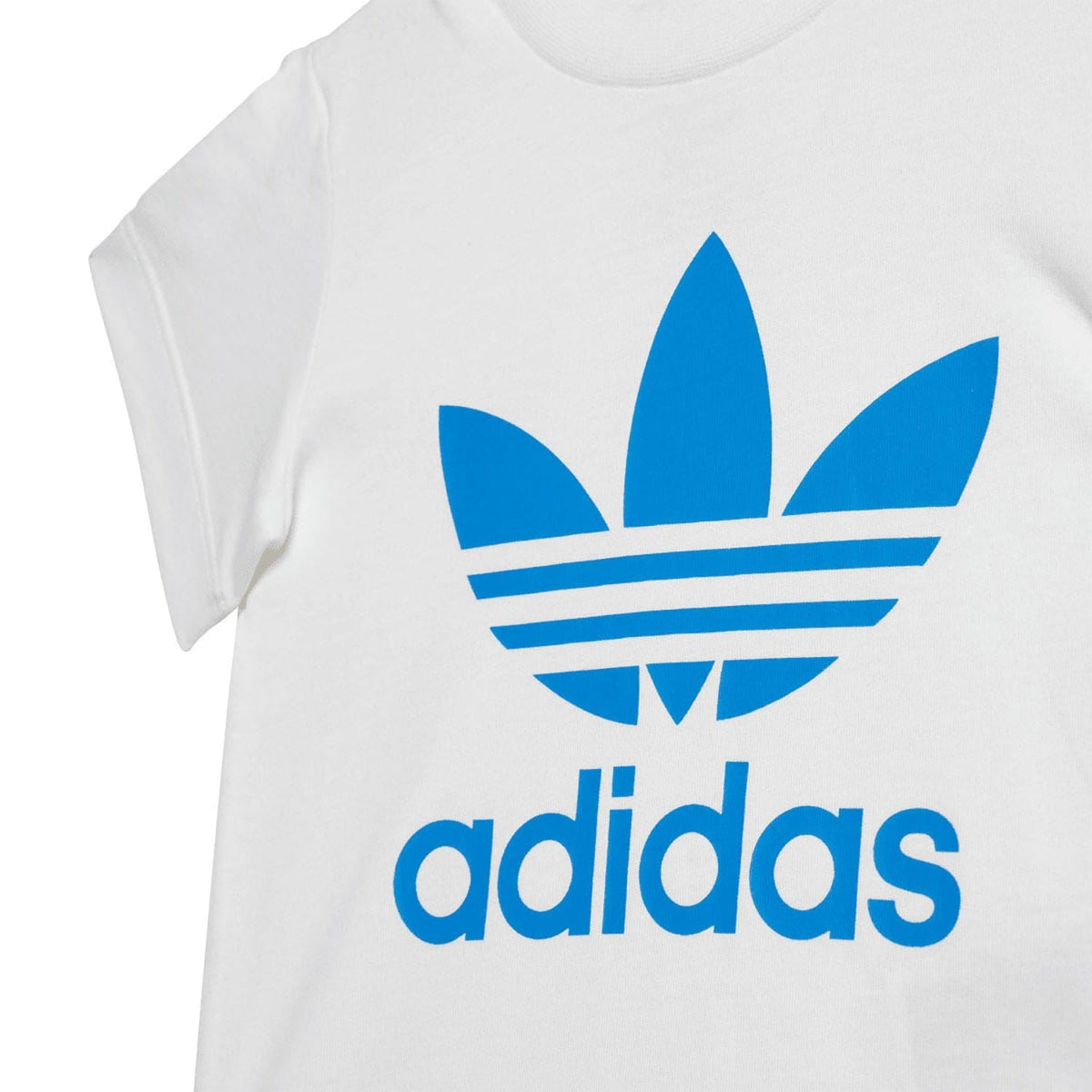 Infants white T-shirt with large blue adidas trefoil logo, short sleeves
