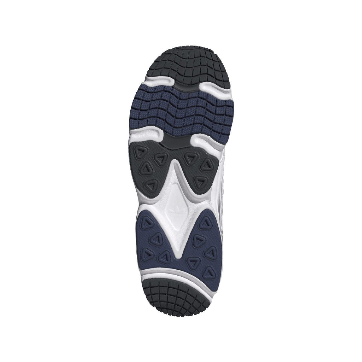 White and navy rubber outsole with traction lugs and patterned tread