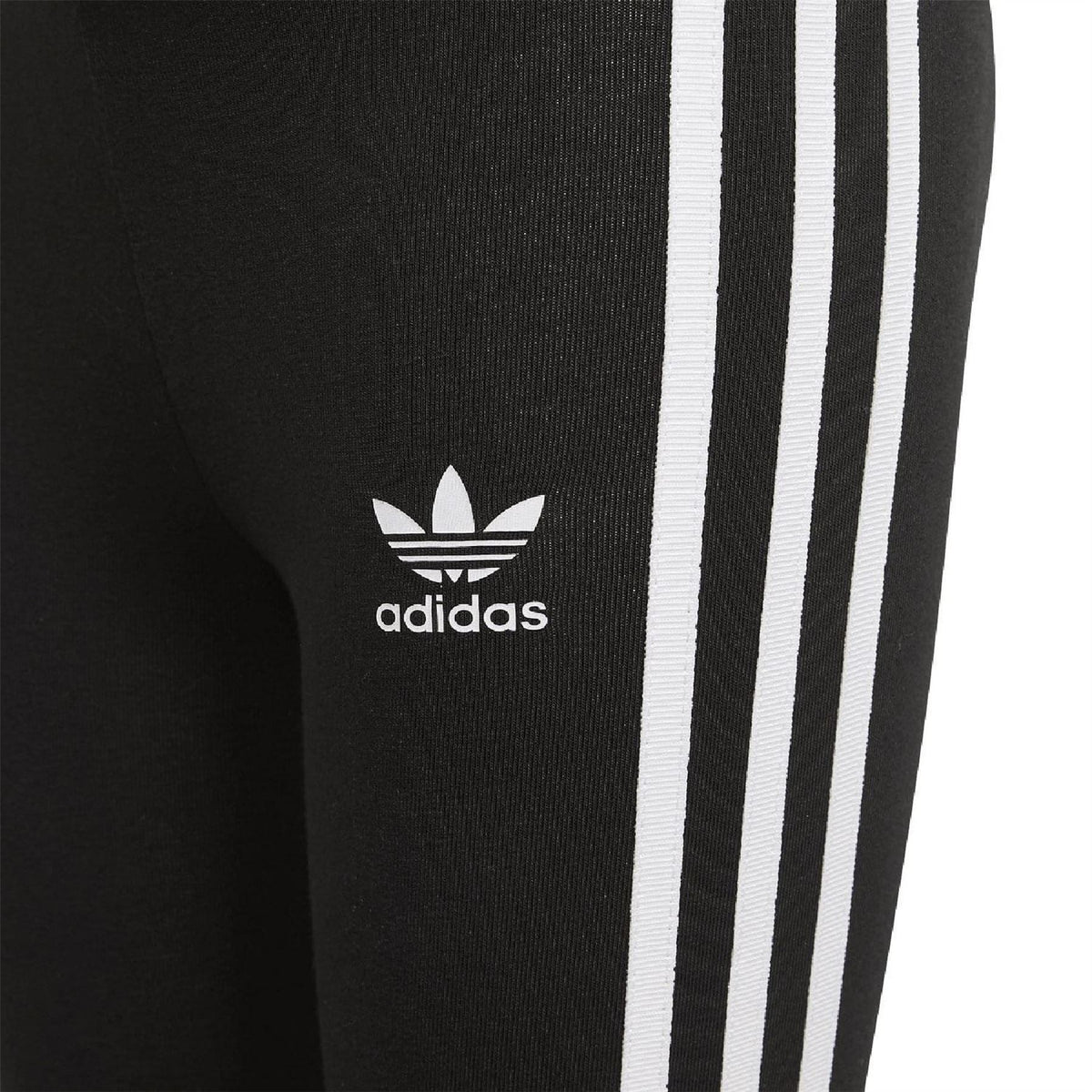 Black adidas leggings with white trefoil logo and three stripe detail