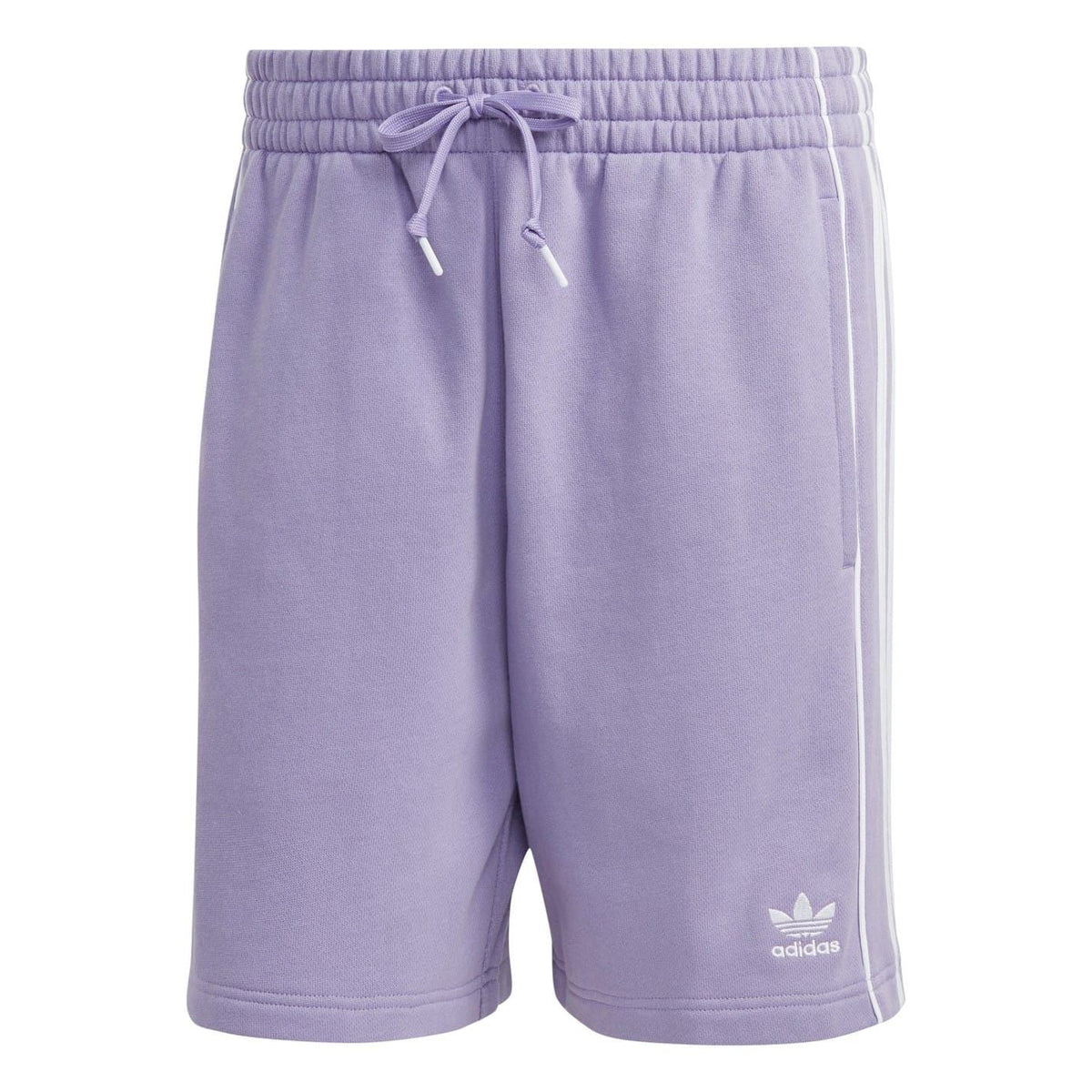 Lavender adidas athletic shorts with elastic waistband, drawstring, and side stripe