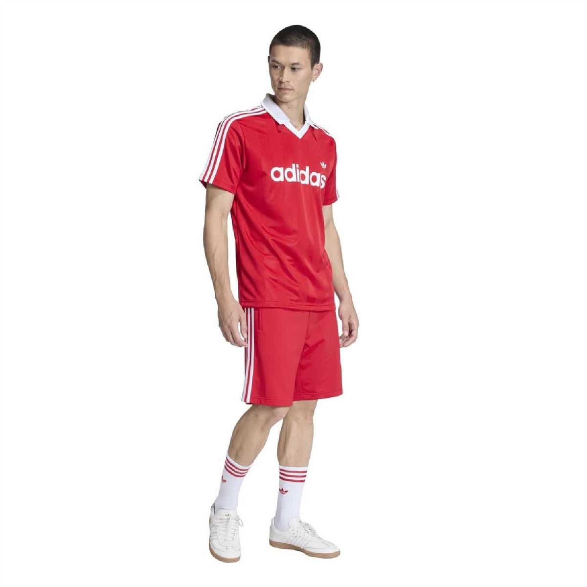 Scarlet red bermuda shorts with white side stripes and elastic waistband