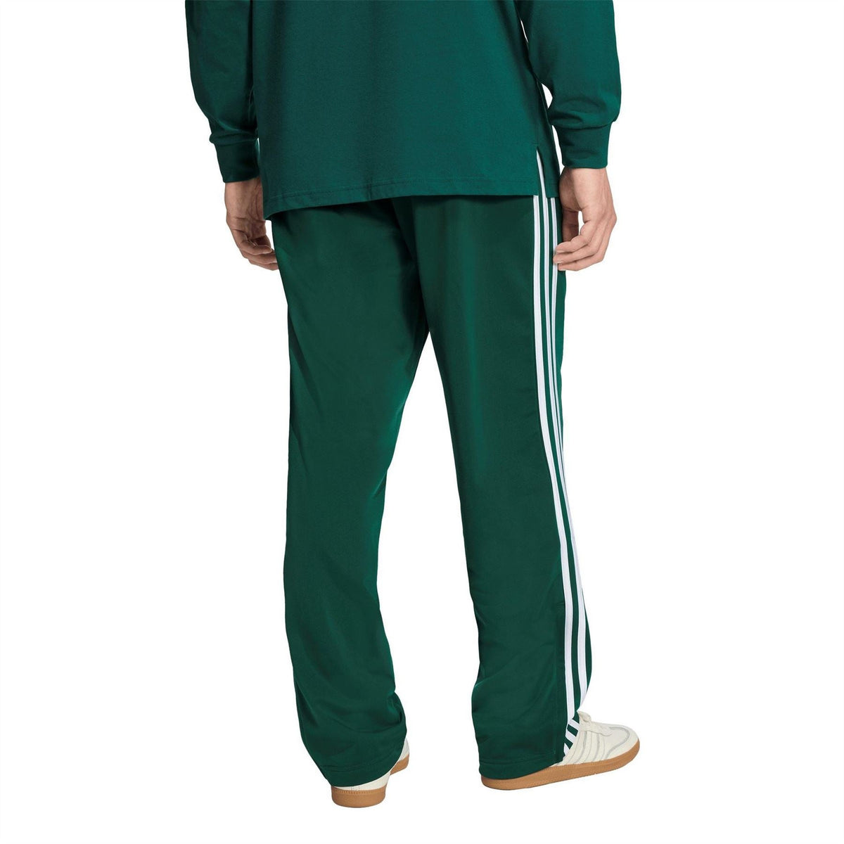 Men's dark green track joggers with white side stripes and ankle open hem