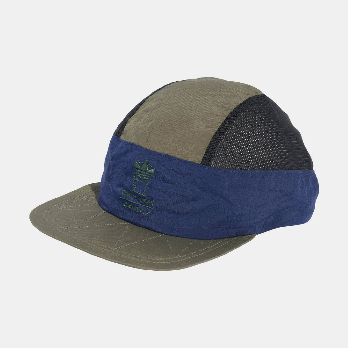 Two-tone cap with olive brim and crown, blue front band, dark mesh back