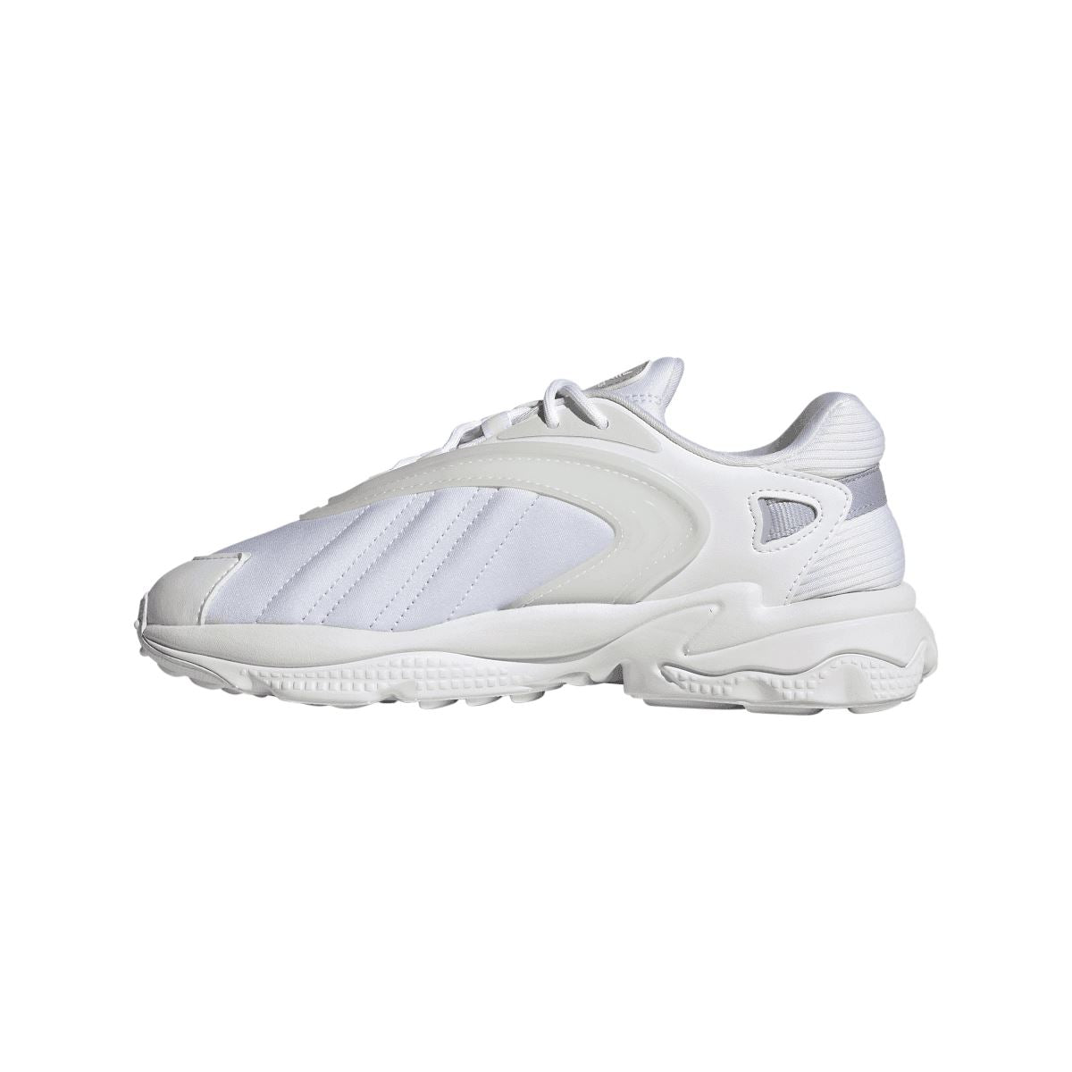 White adidas Originals Oztral sneakers, side profile with lace-up and triple stripe detailing