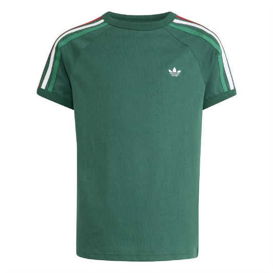 Kids adidas Originals T-shirt in dark green with three red/white sleeve stripes and trefoil logo