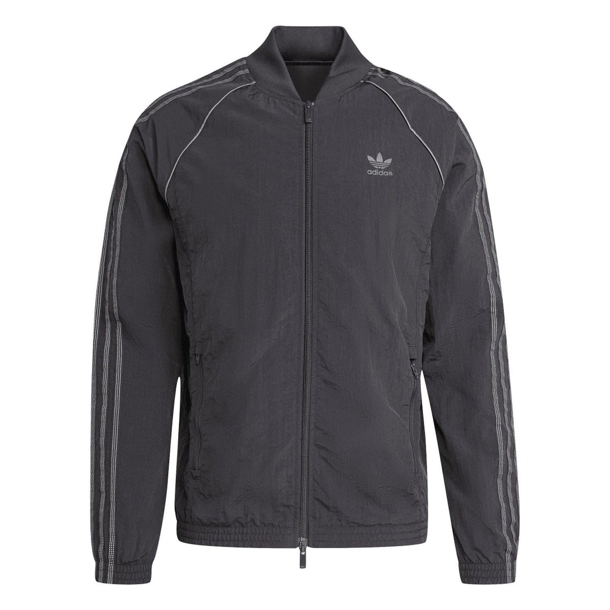 Black track jacket with stand collar, full zip front, and side stripe sleeves.