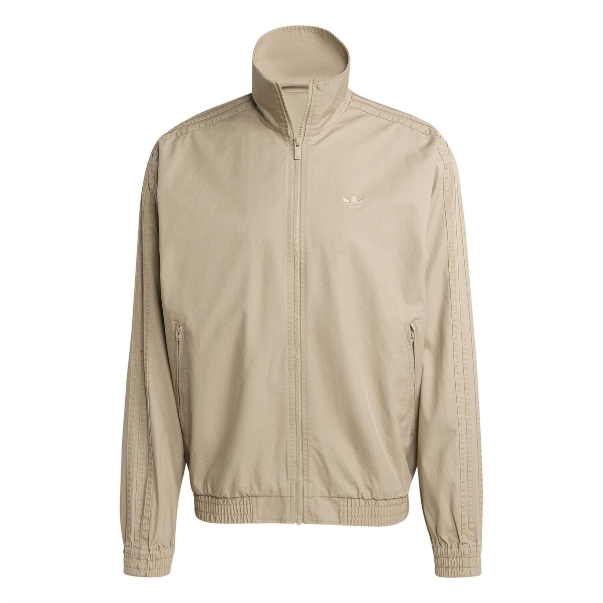 Beige zip-up track jacket with stand collar and adidas trefoil logo at chest