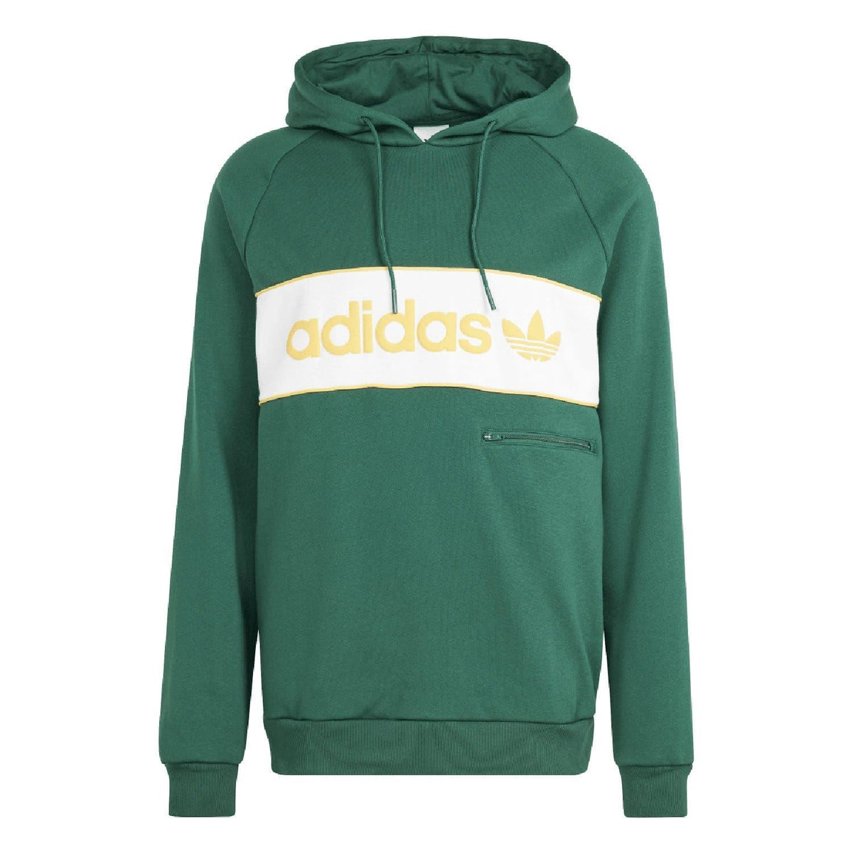Green adidas Originals hoodie with white chest logo band and small chest pocket