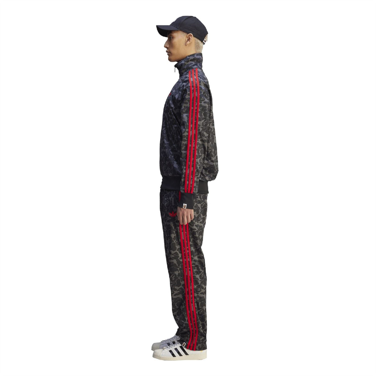 Black camo track jacket with red side stripes and ribbed cuffs