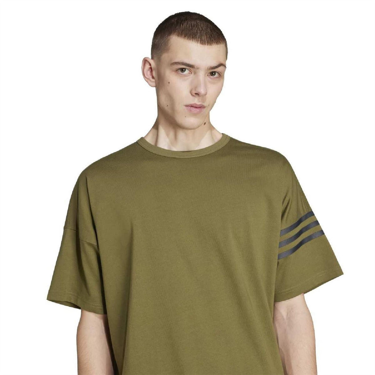 Focus olive crew-neck T-shirt with adidas side stripe graphic