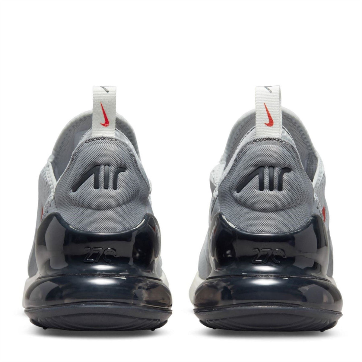 Nike Air Max 270 trainers, rear view, dark heel pods with grey upper and red accents