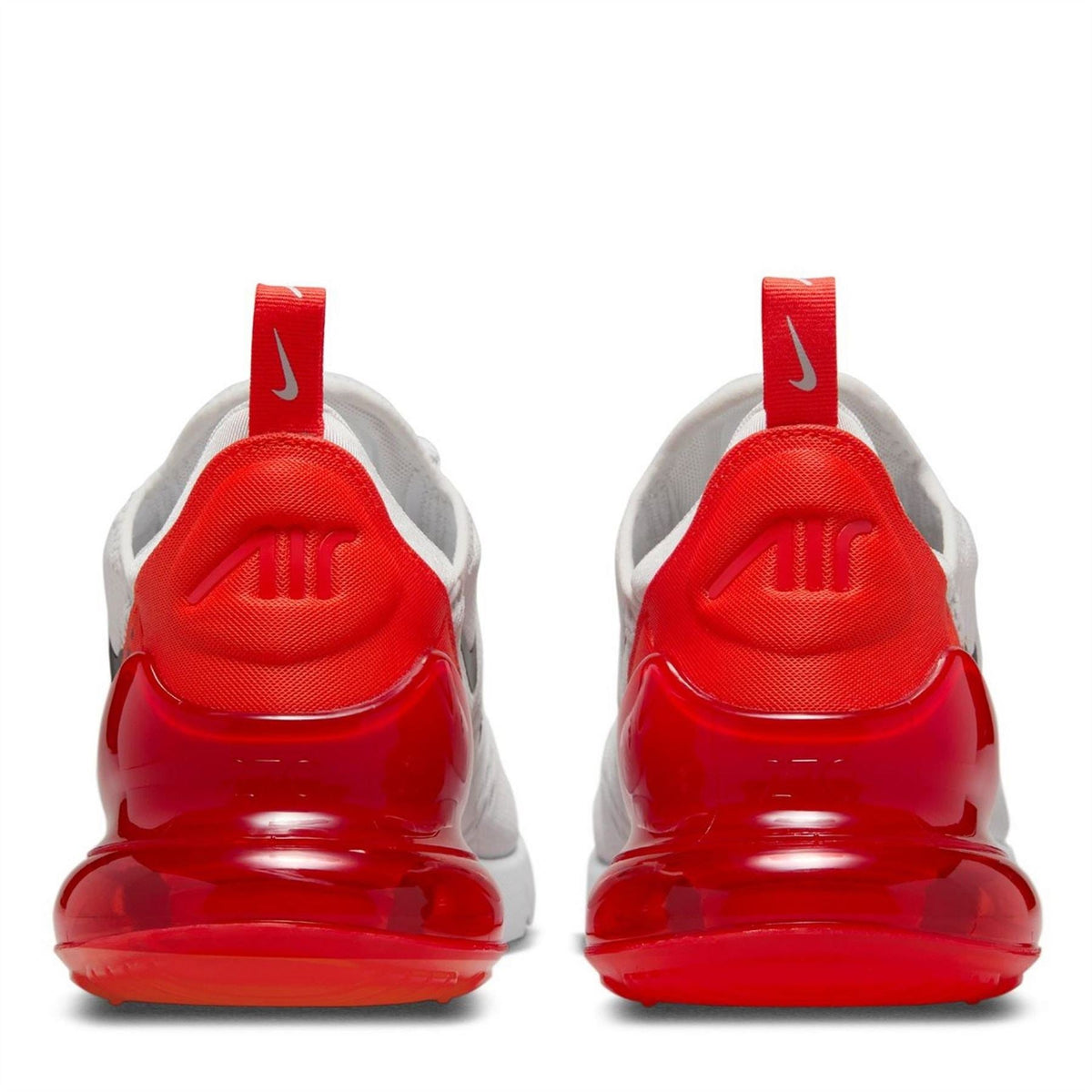 Nike Air Max 270 trainers, back view, red heel pods and white mesh uppers