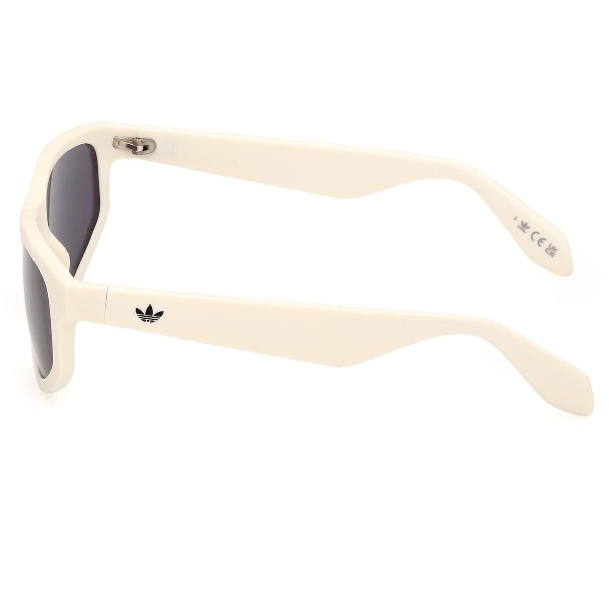 White full-rim sunglasses side view with dark lenses and curved temple arms