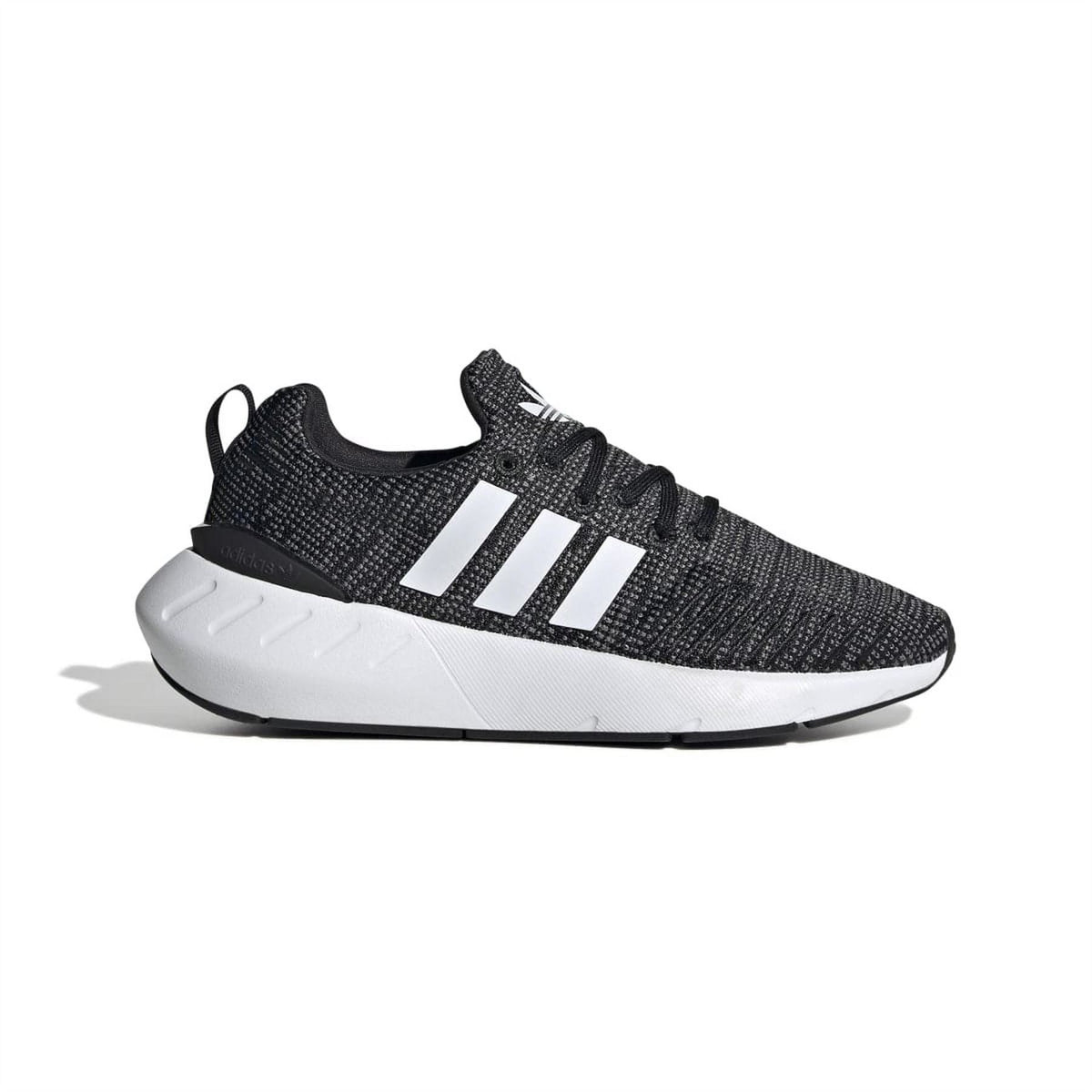 Kids running trainers with black knit upper, white 3 stripes, lace-up and white sole