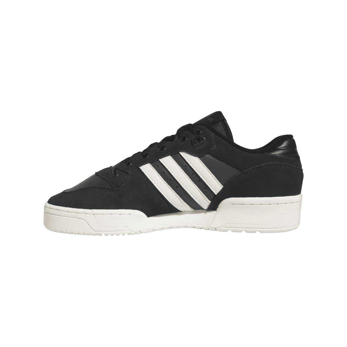 Black low-top lace-up trainers with white three stripes and chunky white midsole