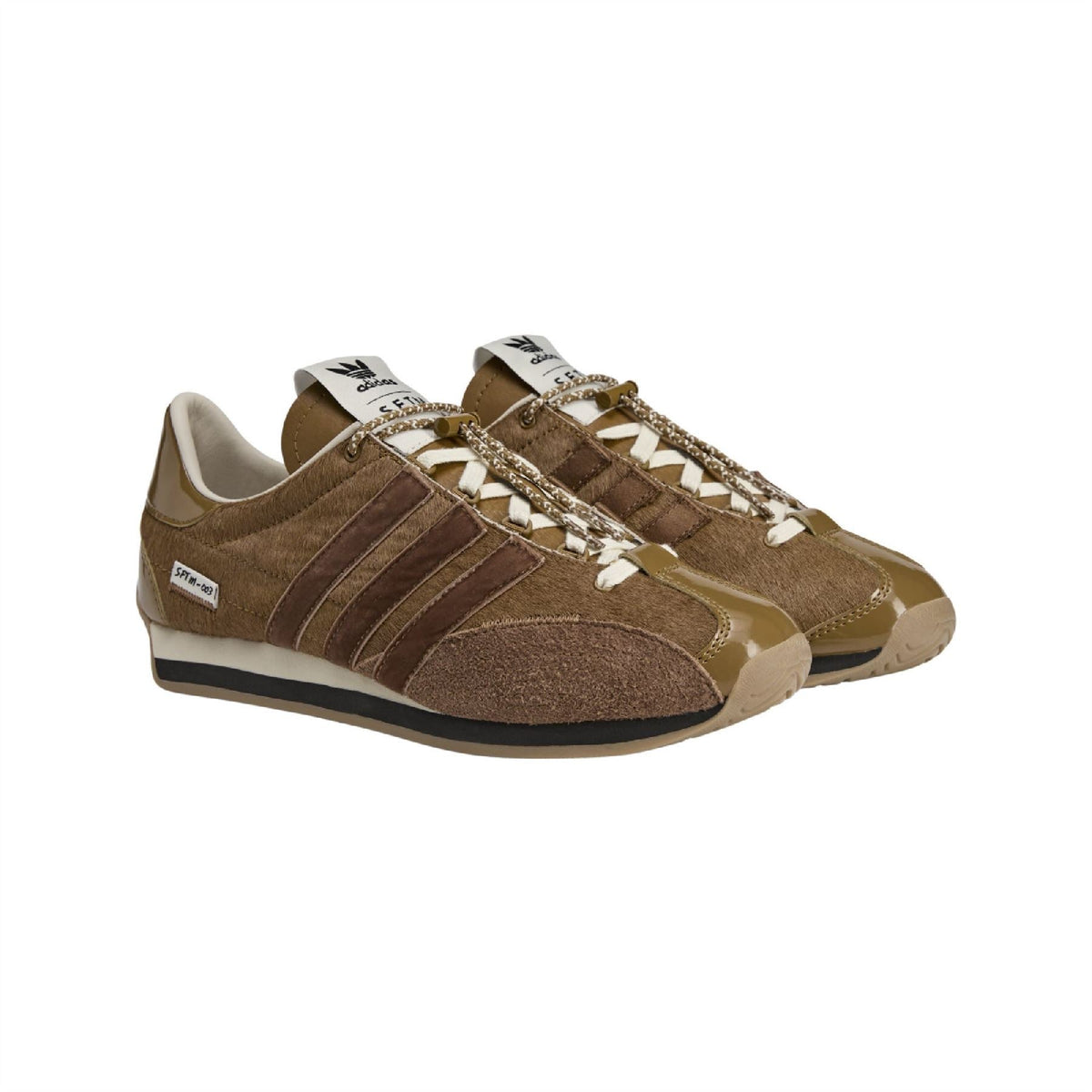 adidas Originals bronze lace-up low-top sneaker, 3/4 angle with detailed stitching