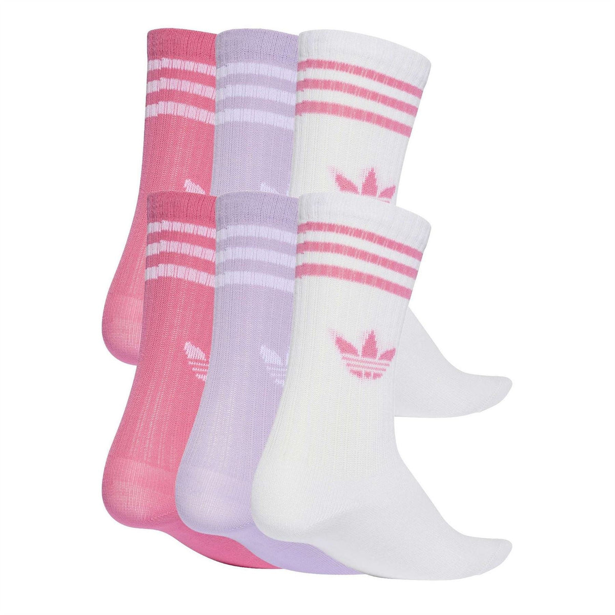 Pack of crew socks in pink, lavender, and white with adidas logo and horizontal stripes.