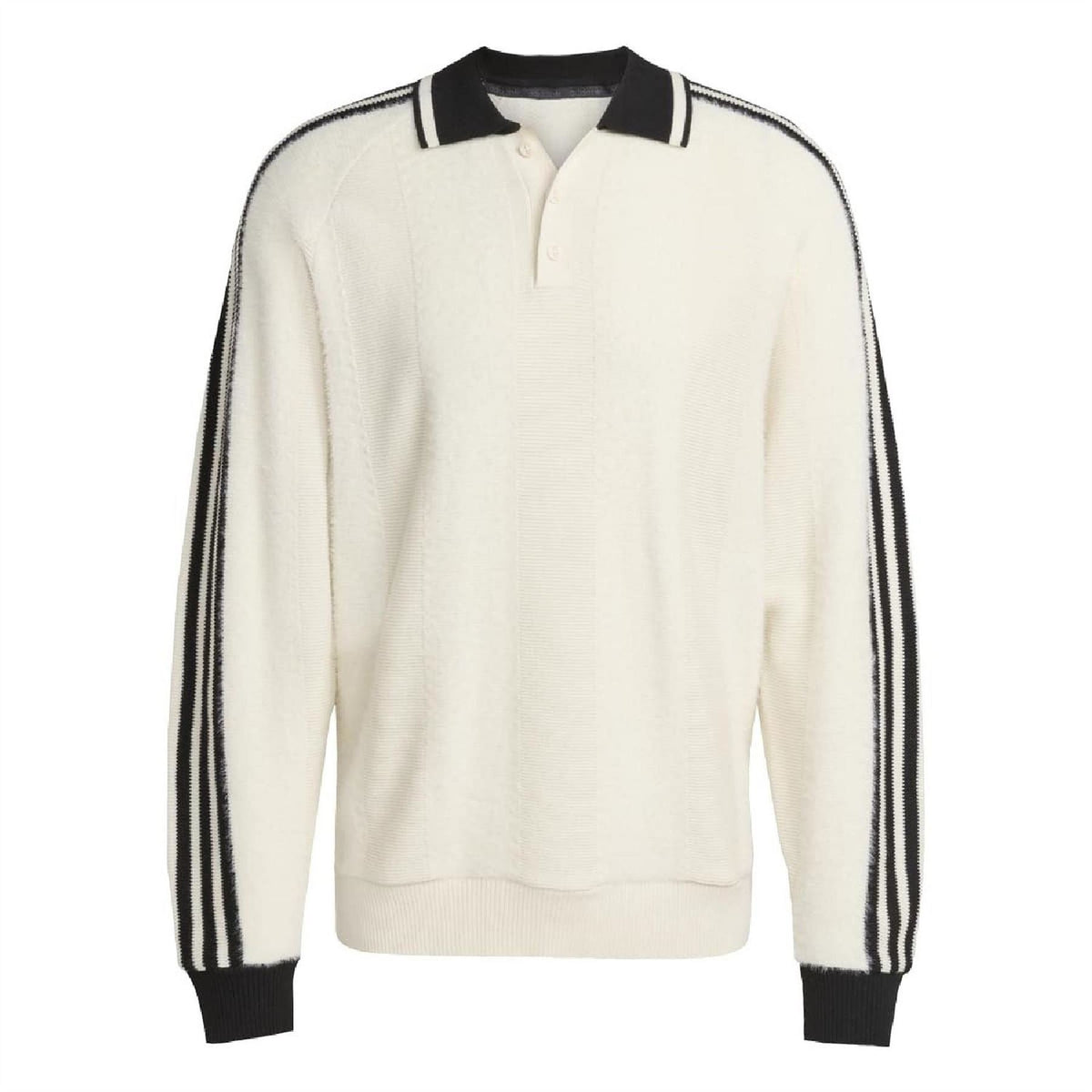 Cream-white collared raglan sleeve sweater with black triple stripe bands on sleeves