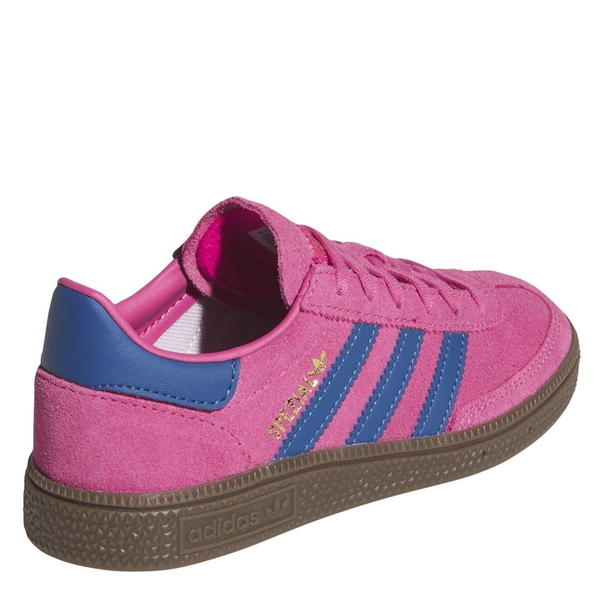 Kids' adidas Spezial sneakers, pink upper with blue heel panel and gum outsole