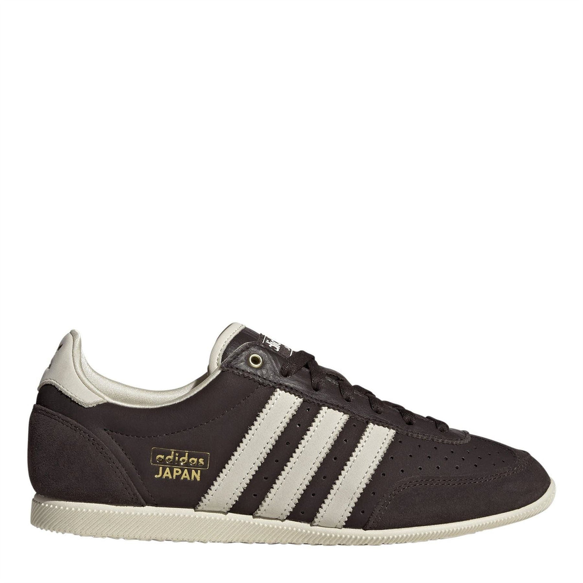 Dark brown Japan shoes with white three stripes and black laces