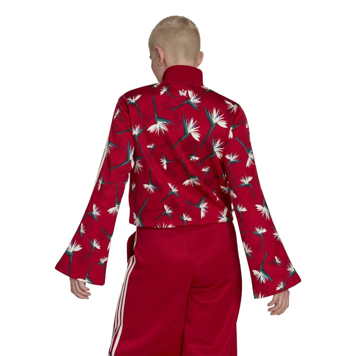 Red back view cropped athletic top with high neck zip and floral print