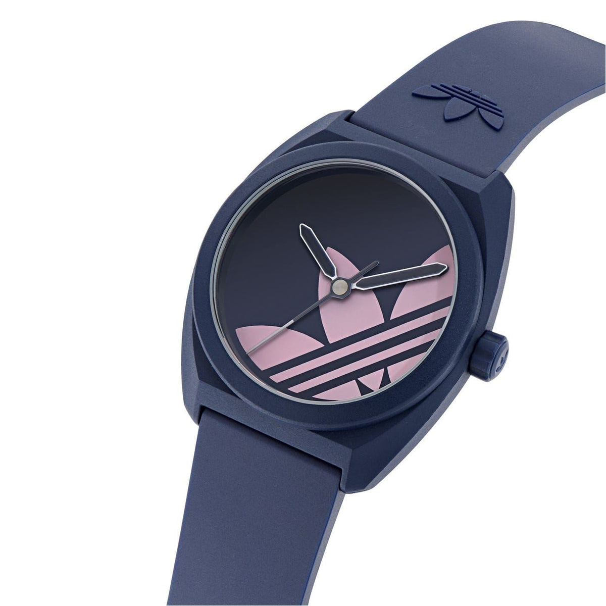 Navy rubber strap analogue watch with pink striped logo dial and bezel
