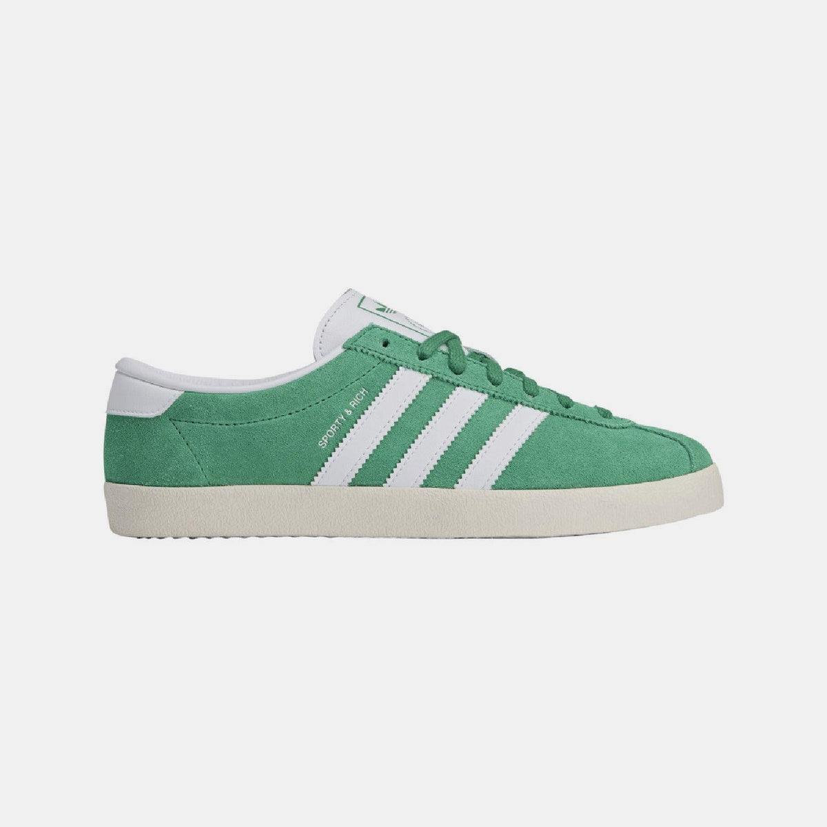 Green suede lace-up trainers with white triple stripes and off-white rubber sole.