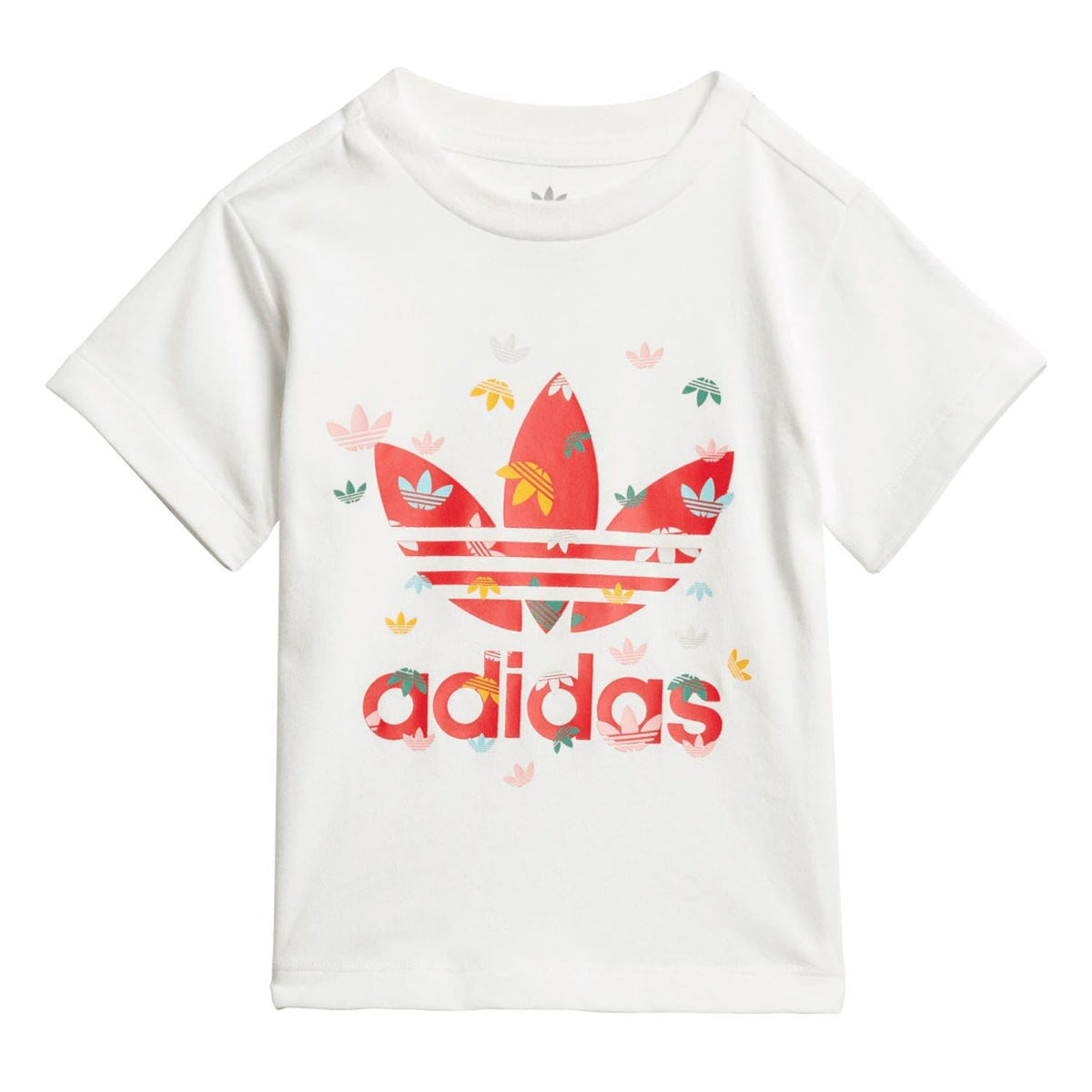 Infants white T-shirt with colorful trefoil boat graphic and adidas logo