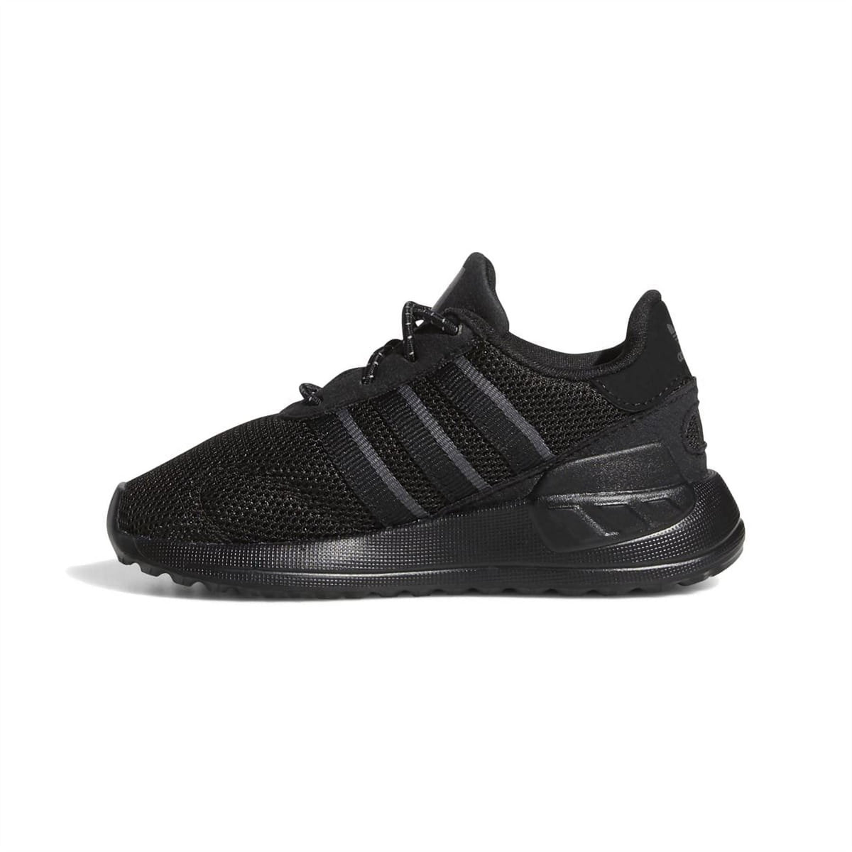 Infant lace-up trainers, black mesh upper with grey stripe accents