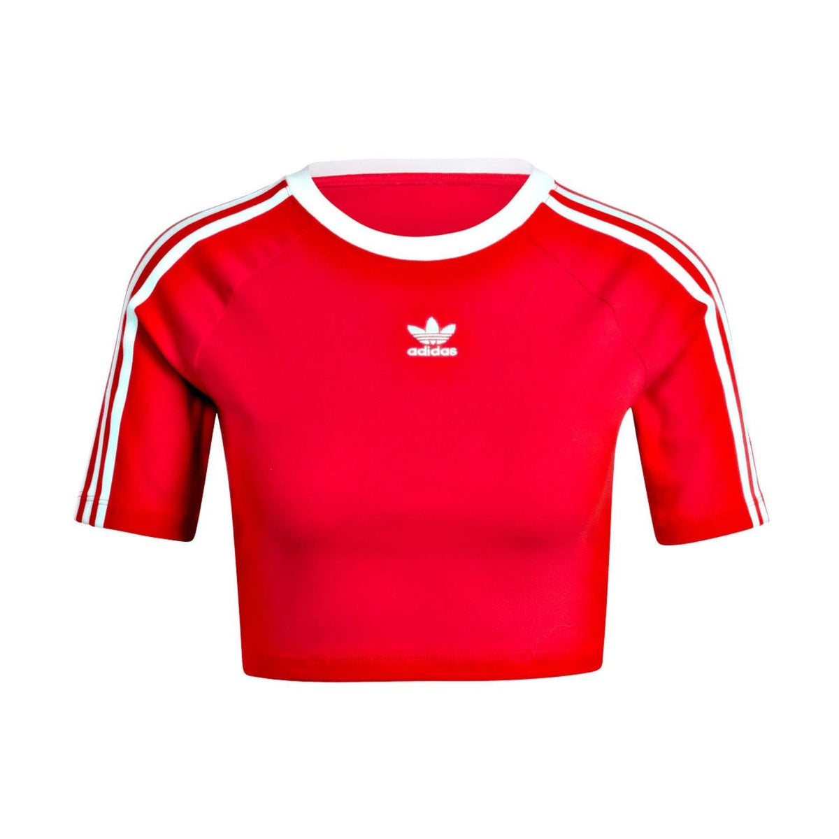 Red baby T-shirt with white 3-stripe sleeves and adidas trefoil logo