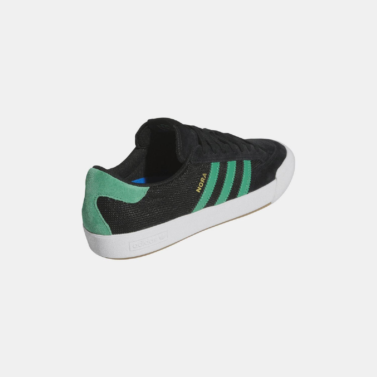 Black adidas Nora trainers with green heel detail and triple stripes, rear 3/4 view