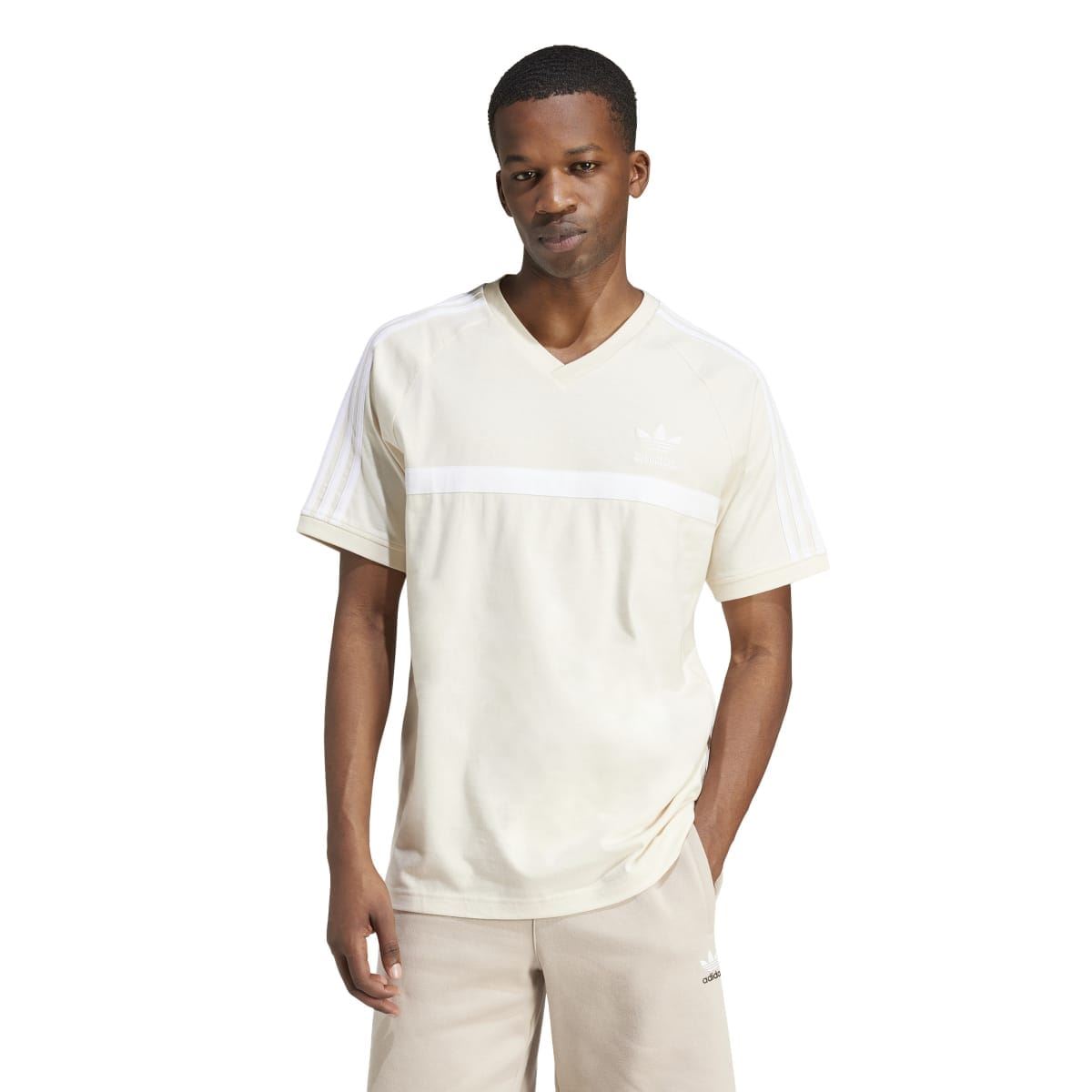 Men's off-white V-neck panel T-shirt with adidas logo and chest stripe